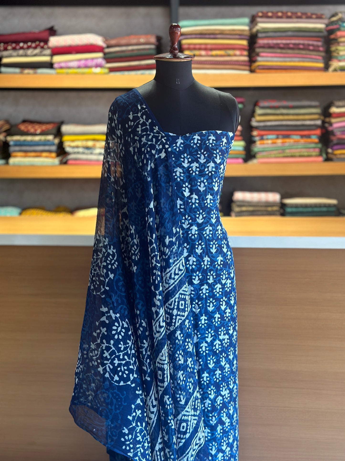 Indigo printed unstiched salwar set