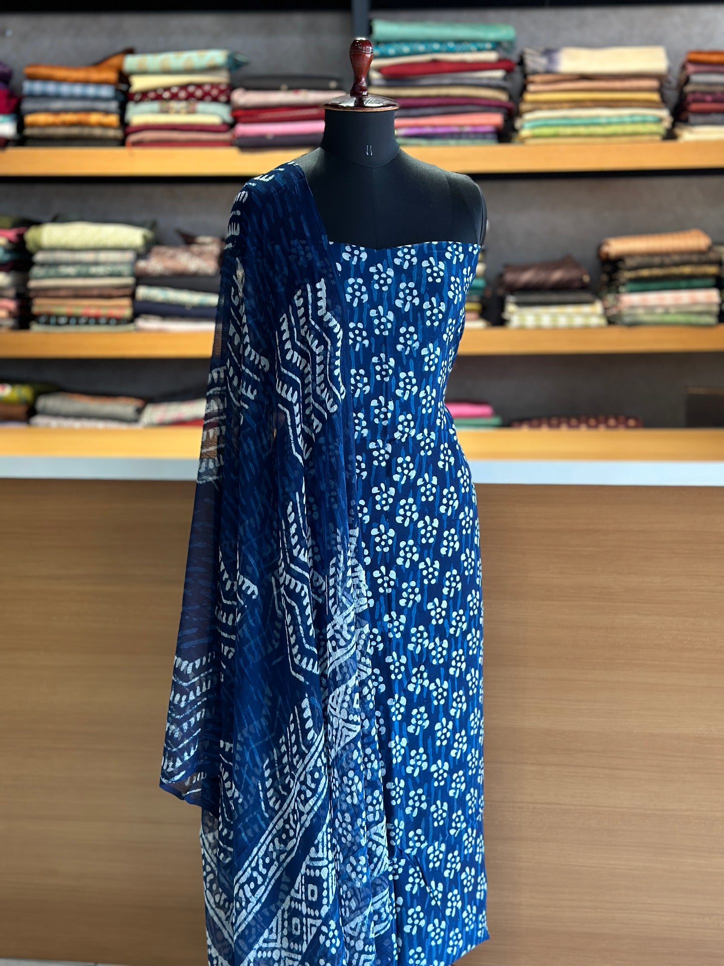 Indigo printed unstiched salwar set