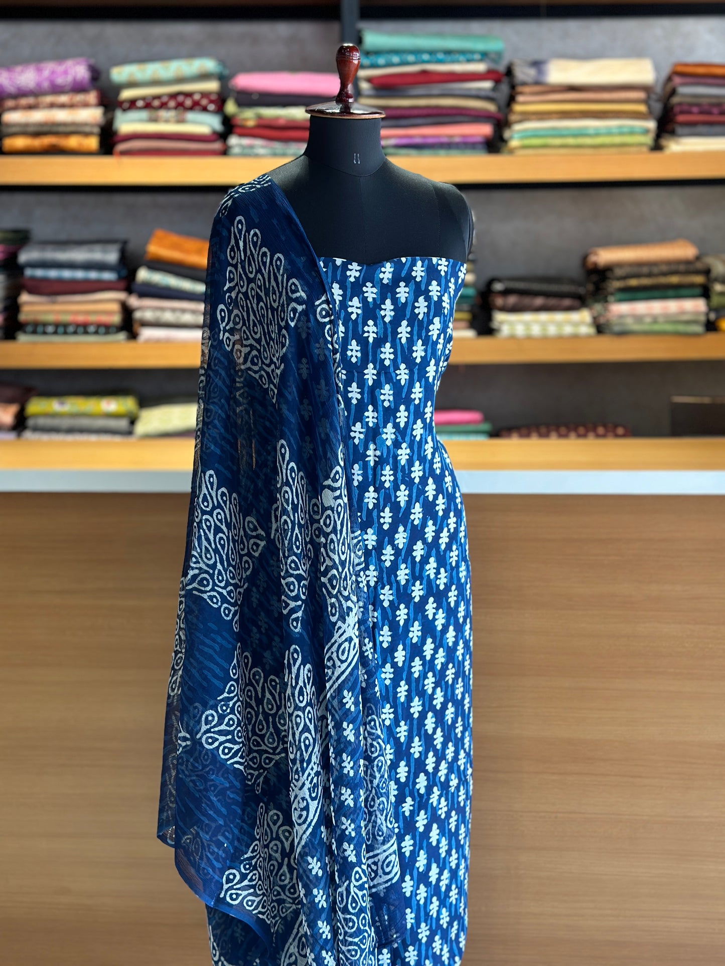 Indigo printed unstiched salwar set