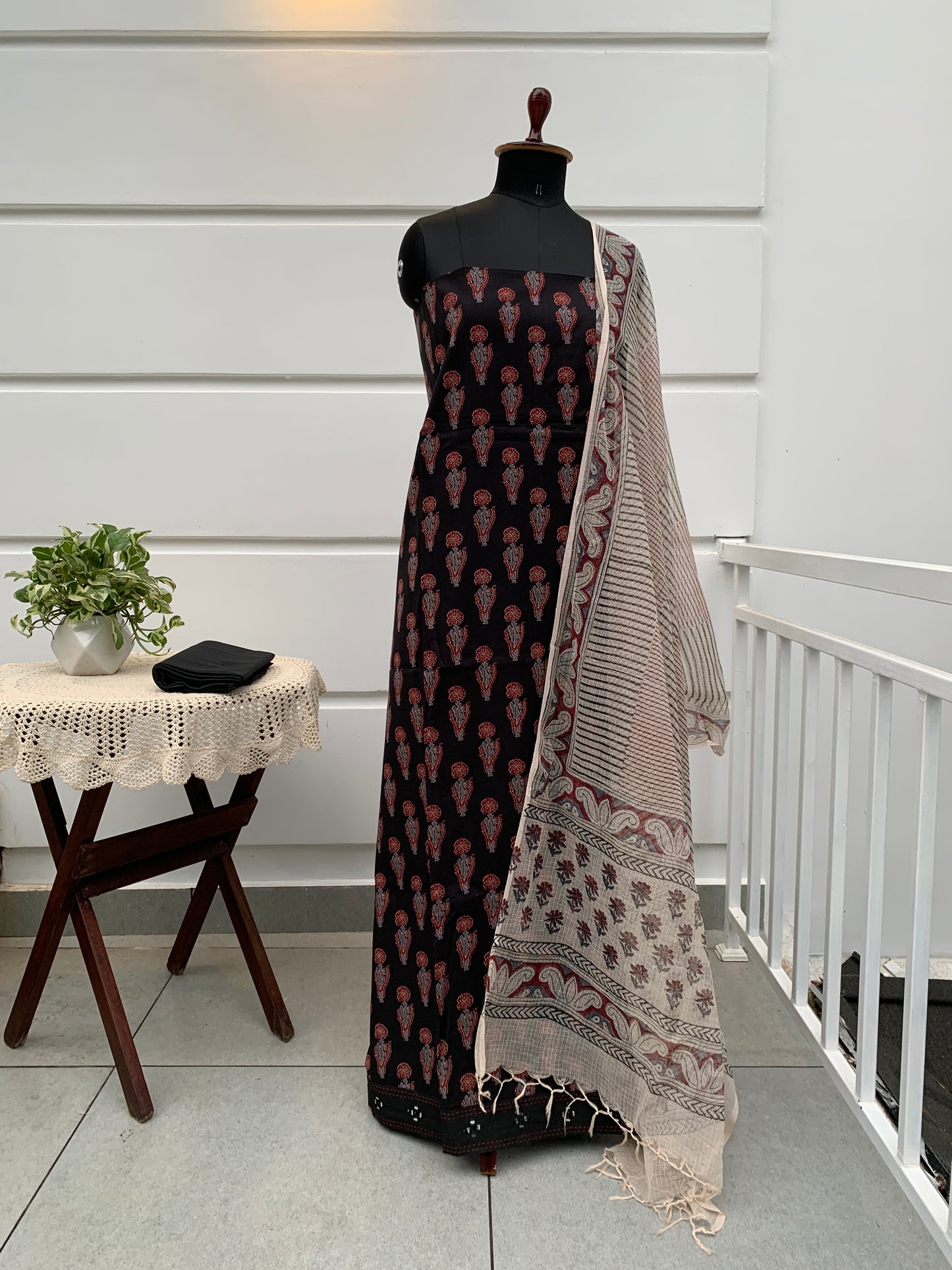 Black Block Printed Cotton Unstitched Salwar Set