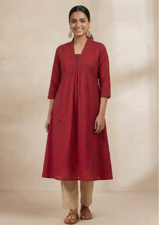 A-Linien Kleid aus Baumwolle mit Stickerei in Dunkelrot | Fabz Boutique