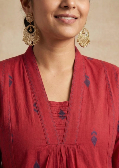 A-Linien Kleid aus Baumwolle mit Stickerei in Dunkelrot | Fabz Boutique