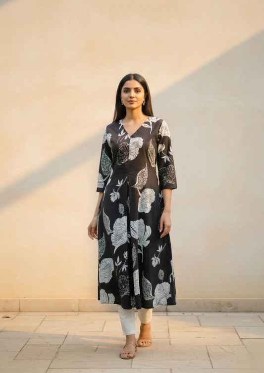 A-Linien Kleid aus Baumwolle mit großem Blumenprint in Schwarz | Fabz Boutique