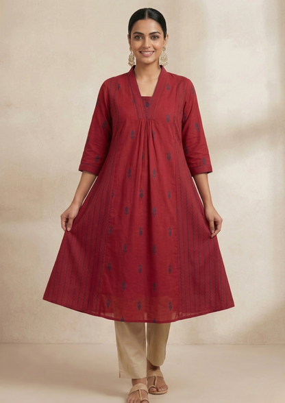 A-Linien Kleid aus Baumwolle mit Stickerei in Dunkelrot | Fabz Boutique