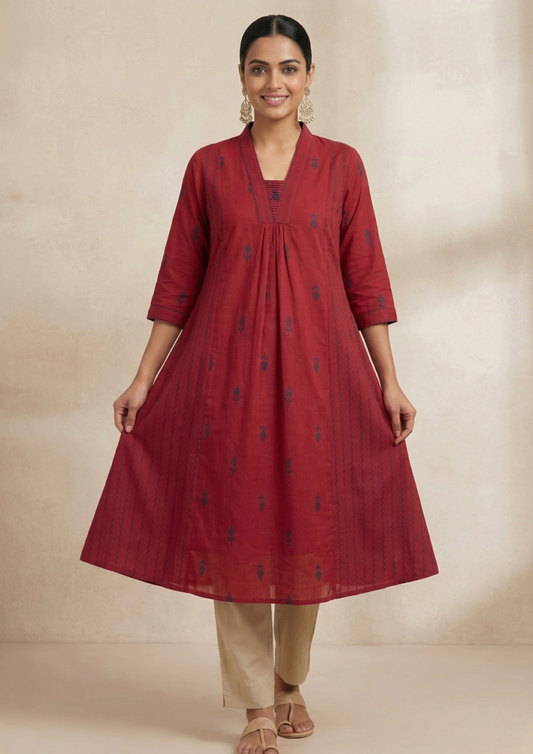 A-Linien Kleid aus Baumwolle mit Stickerei in Dunkelrot | Fabz Boutique